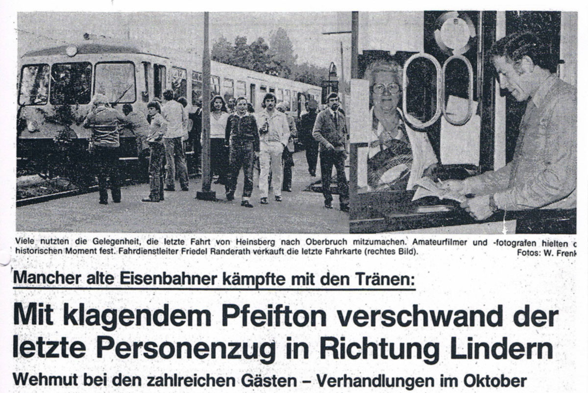 Zeitungsbericht zur Einstellung des Personenverkehrs Lindern - Heinsberg .